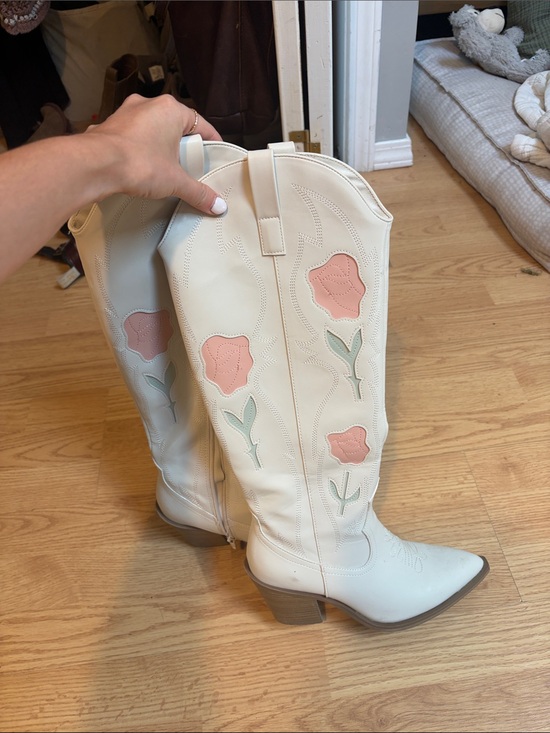 Target Shoes - Target Cream Western Knee-High Boots with Pink Floral Appliqués